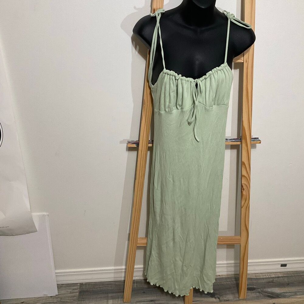 SHEIN sage green,tie shoulder ruched bust tie front slim fit midi bodycon dress - Picture 1 of 9